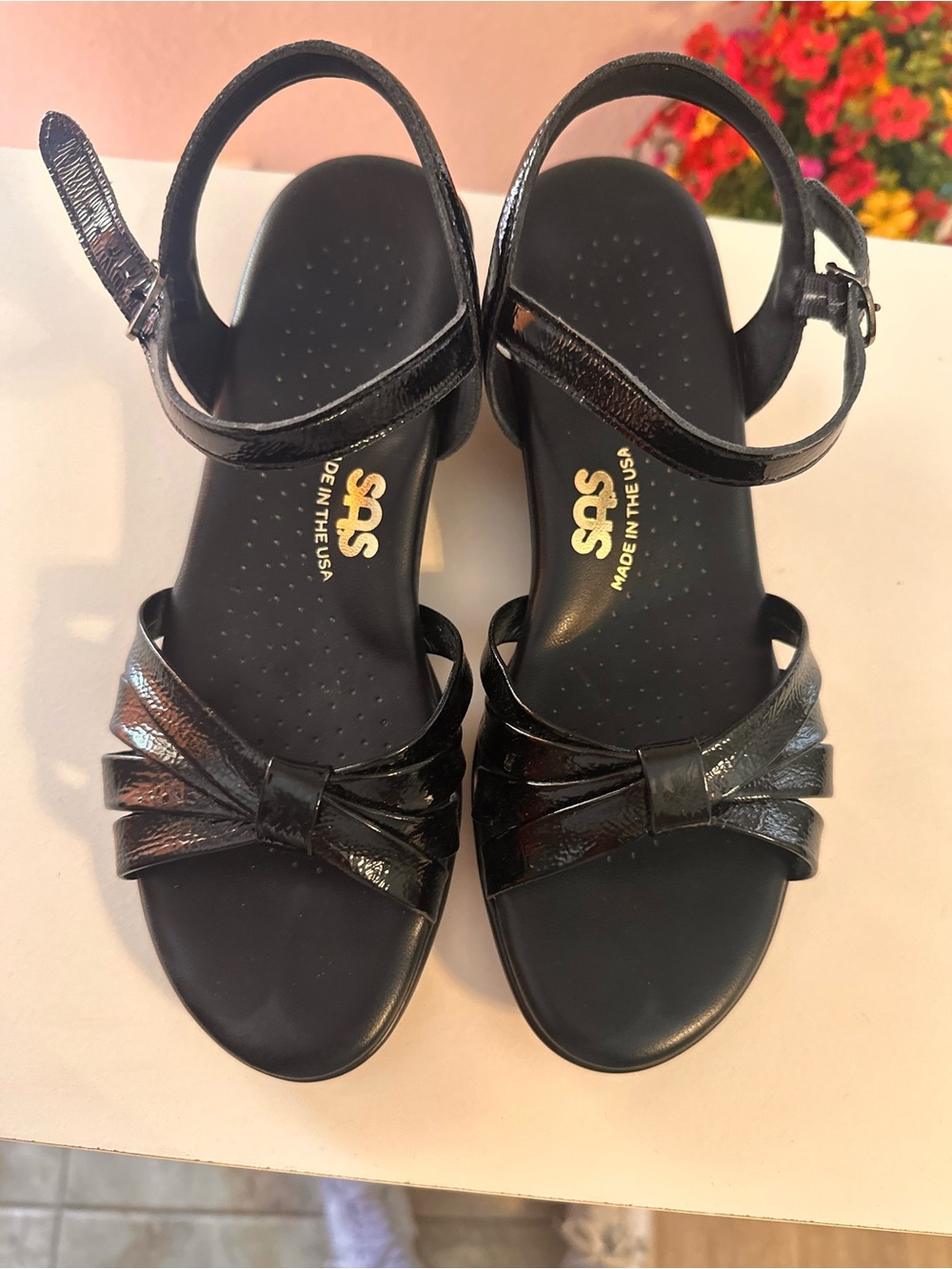 SAS Black Patent Leather Knot-Front Ankle-Strap Sandals